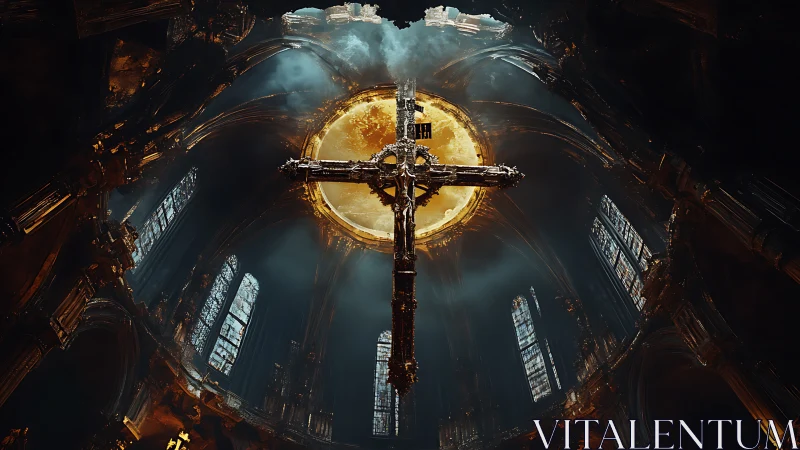 Golden moonlit cathedral cross glowing in quiet reverence.