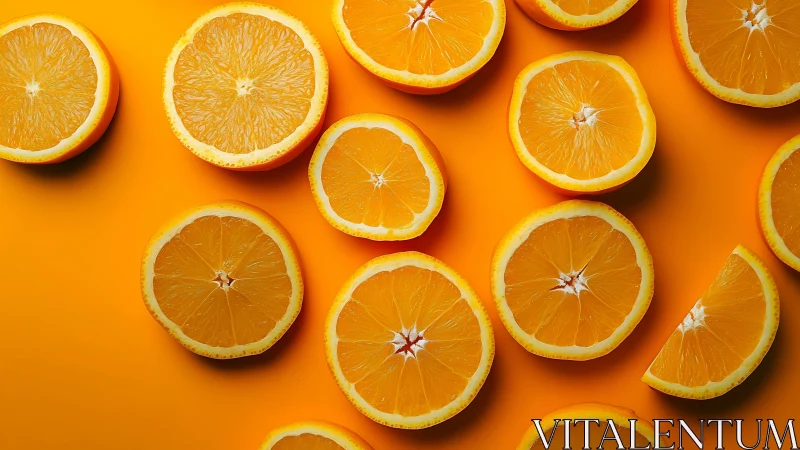 Orange slices are arranged on a uniform orange background