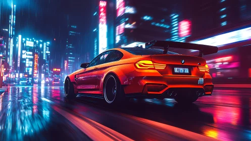 Neon-lumed track-spec coupe slicing wet cyber-urban artery.