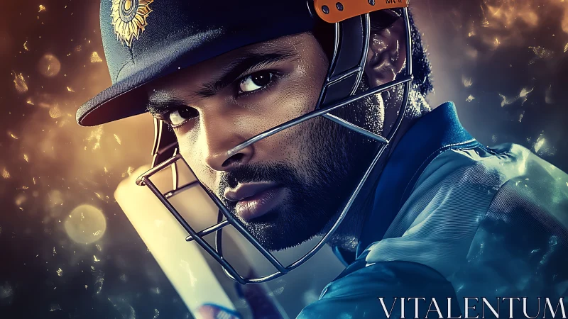 Cricket warrior locks eyes with destiny under electric lights.