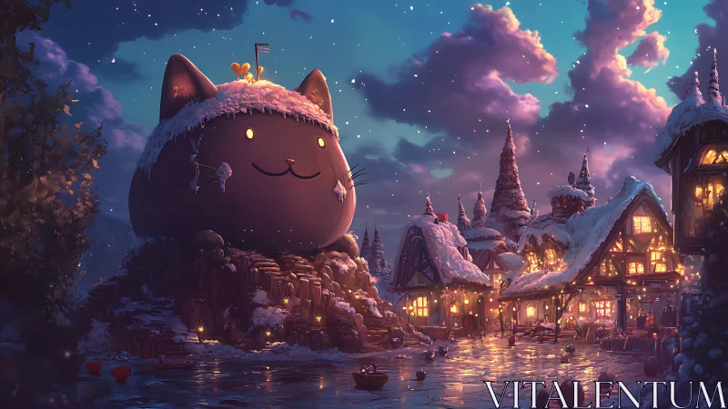 Snow-laden cat citadel and luminous alpine riverside village.