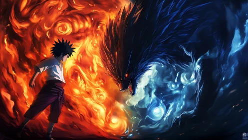 Dynamic anime duel renders elemental fire and shadow beast