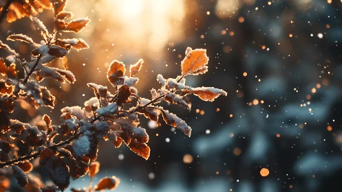Backlit frosted leaves capture shallow depth and golden bokeh