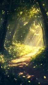 Forest path illuminated by bioluminescent light source.