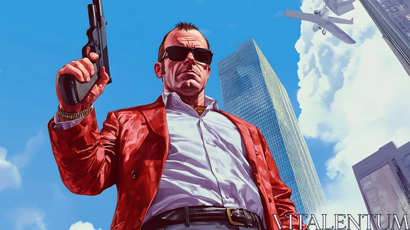 Bold city outlaw in a sharp red suit under bright skies.