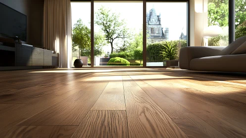 Sunlit wooden living room floor welcomes the garden view