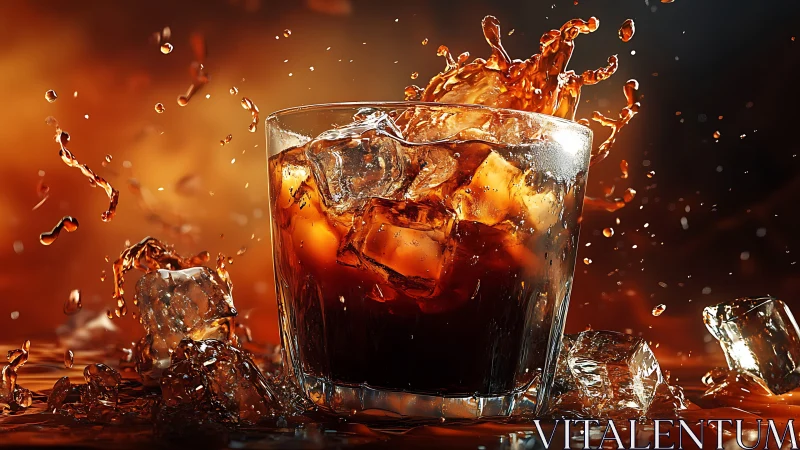 Dynamic Cola Splash with Ice Cubes Against Ambient Orange Backdrop.