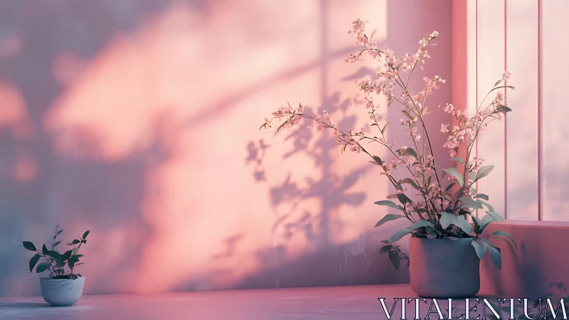 Soft morning light with gentle potted blossoms by window.