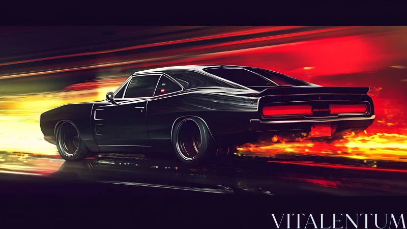 Midnight muscle car roars through neon light and blazing speed