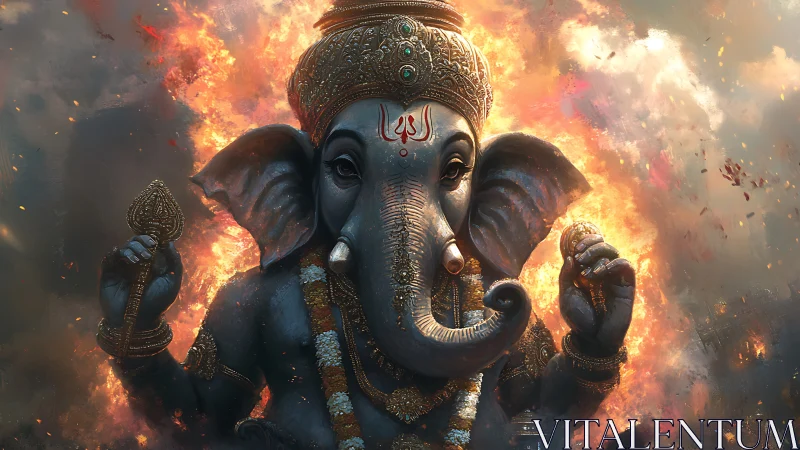 Divine Ganesha icon rendered in cinematic fiery digital chiaroscuro