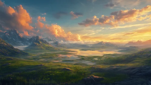 Volumetric sunset over glacial basins and alpine grasslands.