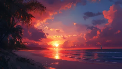 Sunset illuminates tropical shoreline with diffuse cloud cover