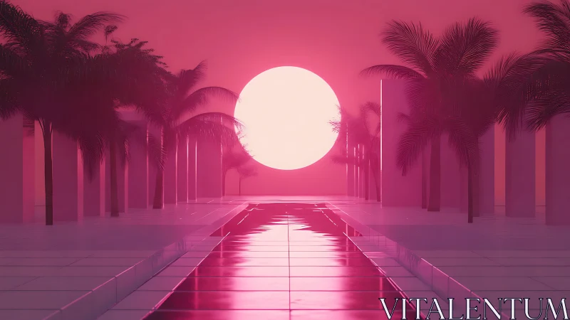 Neon palm colonnade basking under a colossal rose sunscape.