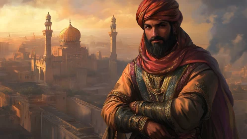 Regal desert ruler surveys sunlit golden domed cityscape