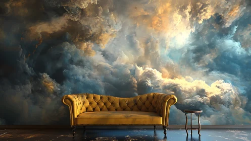 Velvet sofa drifting beneath a storm of painted heavens.