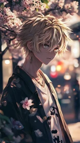 Soft-eyed blond teen under glowing cherry blossoms at dusk.