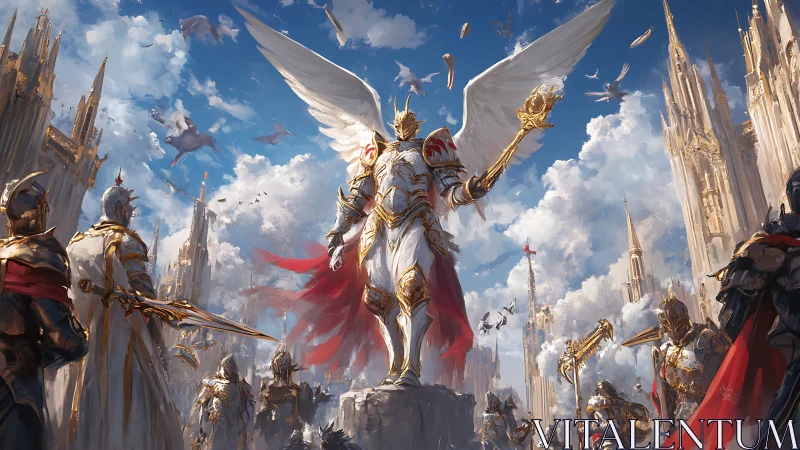 Winged paladin commands a radiant sky kingdom in triumph