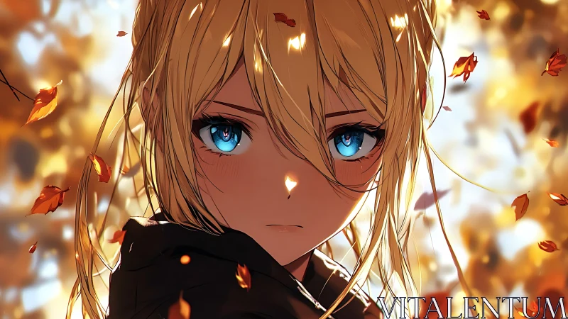 Autumn-lit anime portrait with high-contrast bokeh dynamics.