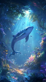 Bioluminescent whale in luminous coral ravine under caustic rays.