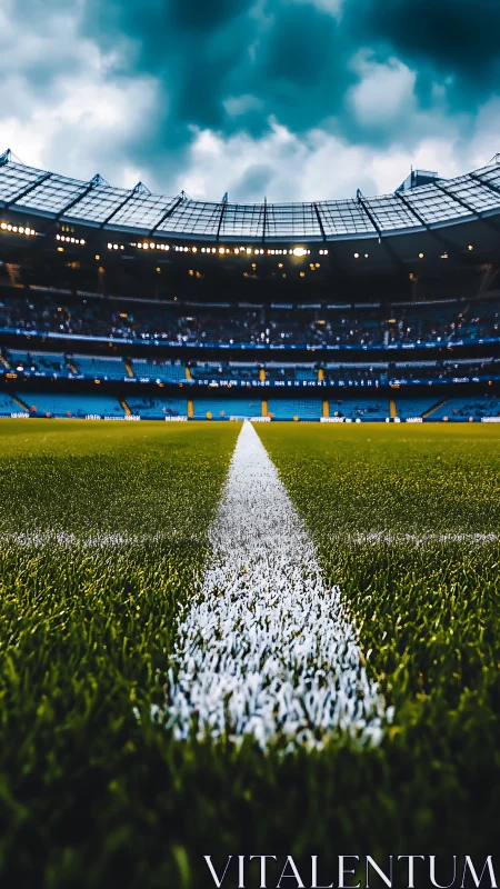 Soccer stadium field line under dramatic cloudy sky.