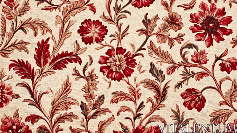 Textile floral repeat pattern with red botanical ornamentation.