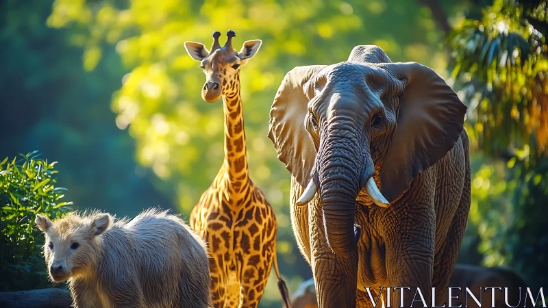 Sunlit safari trio wandering through lush glowing greenery.