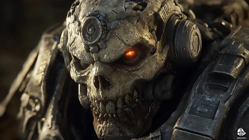 Battle-scarred cyber skull glows with eerie molten power.