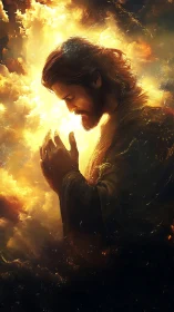 Praying robed man in glowing clouds and radiant light.