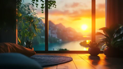 Sunlit river sanctuary framed by houseplants and hush.