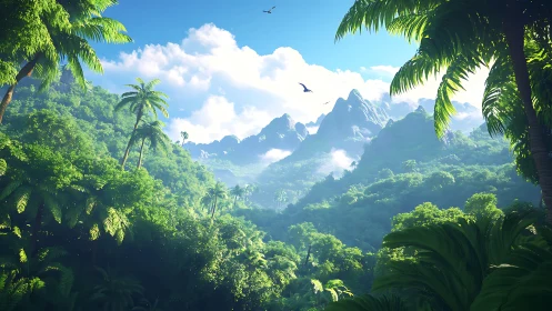Volumetric-lit tropical valley with dense foliage and aerial fauna rendered