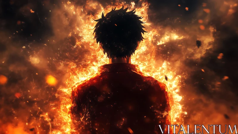 Backlit silhouette in engulfing flames with cinematic glow detailing