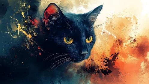 Black cat with golden eyes rendered in watercolor and digital art.