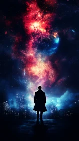 Silhouetted figure observes vivid cosmic nebula above city