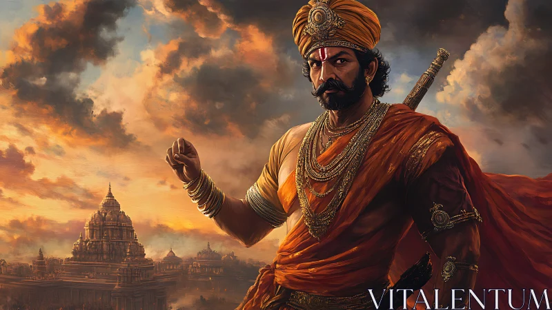 Regal warrior in sunset light guarding ancient temples.