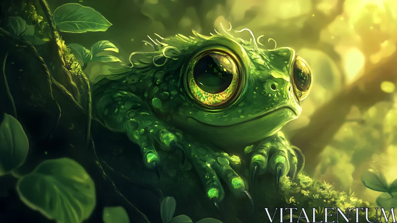 Emerald forest froglet gazes wide-eyed through glowing leaves.