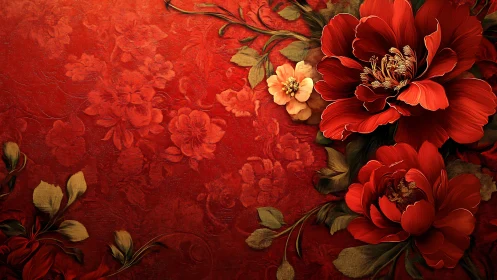 Layered Floral Composition with Textured Red Background and Dimensional Botany.