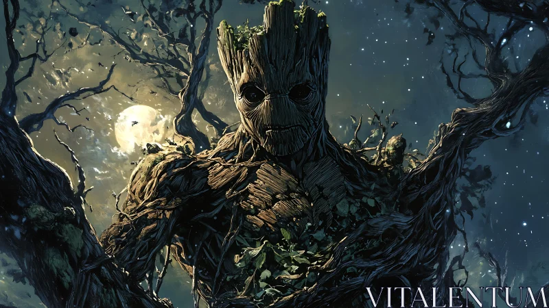 Wooden tree guardian emerges under moonlit forest sky