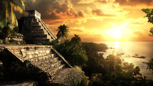 Golden sunset over jungle temple and quiet tropical bay.