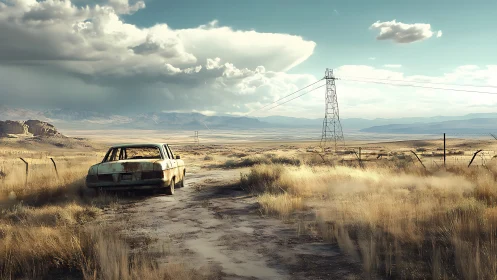 Photorealistic desert roadscape with rusted car and pylons.