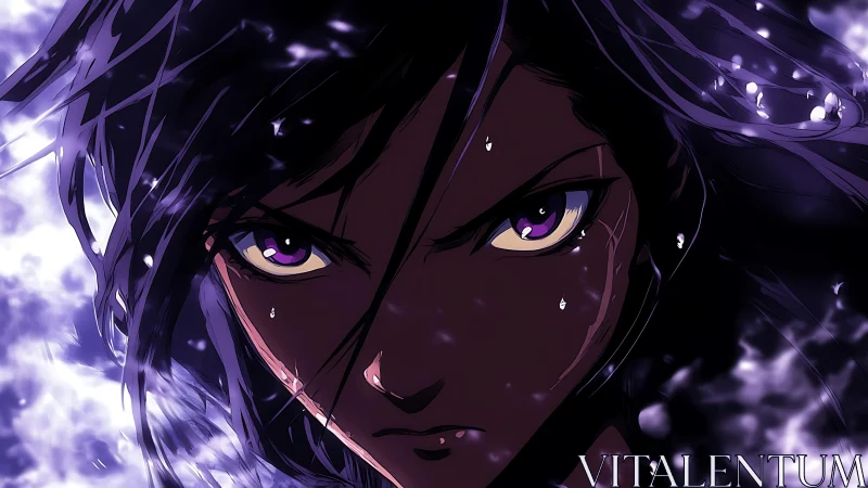 Intense anime warrior portrait under violet storm light