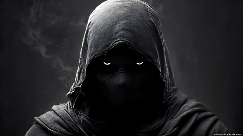 Mysterious hooded figure with glowing eyes in the shadows.
