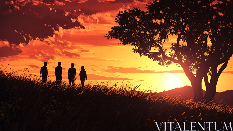 Silhouetted friends walk a hillside beneath a burning sunset sky