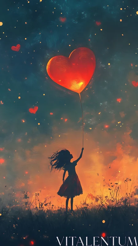 Girl Holding Glowing Heart Balloon Under Starlit Sky
