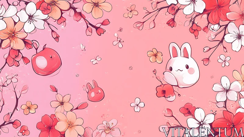 Cartoon rabbit and blossoms float across pink gradient background