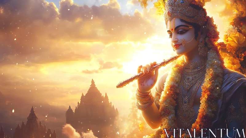 Divine flutist in golden sunset with ornate temple silhouettes.