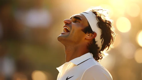 Tennis player celebrates victory under warm golden light.