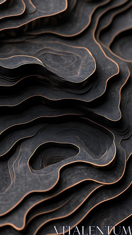 Layered dark topographic relief with metallic edge contours.