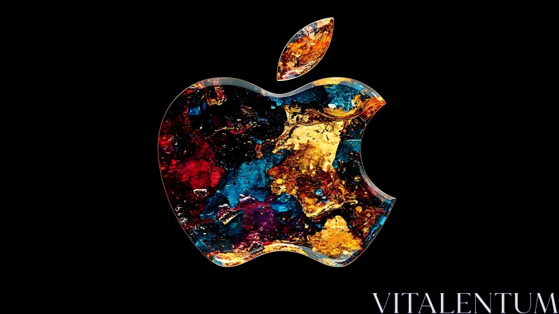 Prismatic apple emblem with molten cosmic textures.