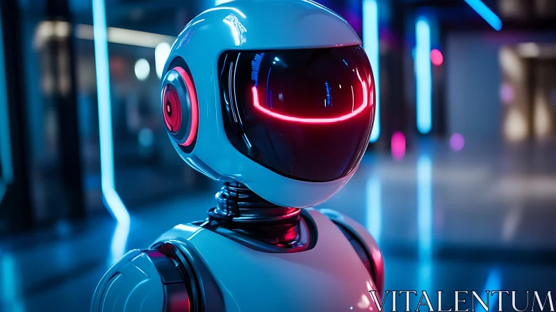 Friendly neon-lit robot greeter in a sleek futuristic hallway.