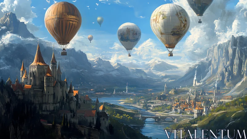 Airships drift above a luminous fantasy river kingdom